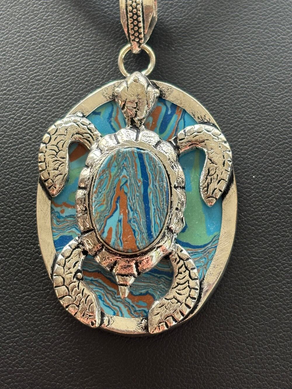 Sterling Rainbow Blue Calsilica Sea Turtle Gemstone Pendant